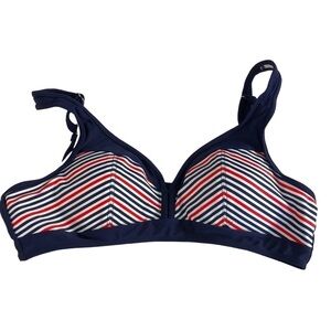 Red, White & Navy Blue Diagonal Striped Tank Style Bikini Top - Size Medium